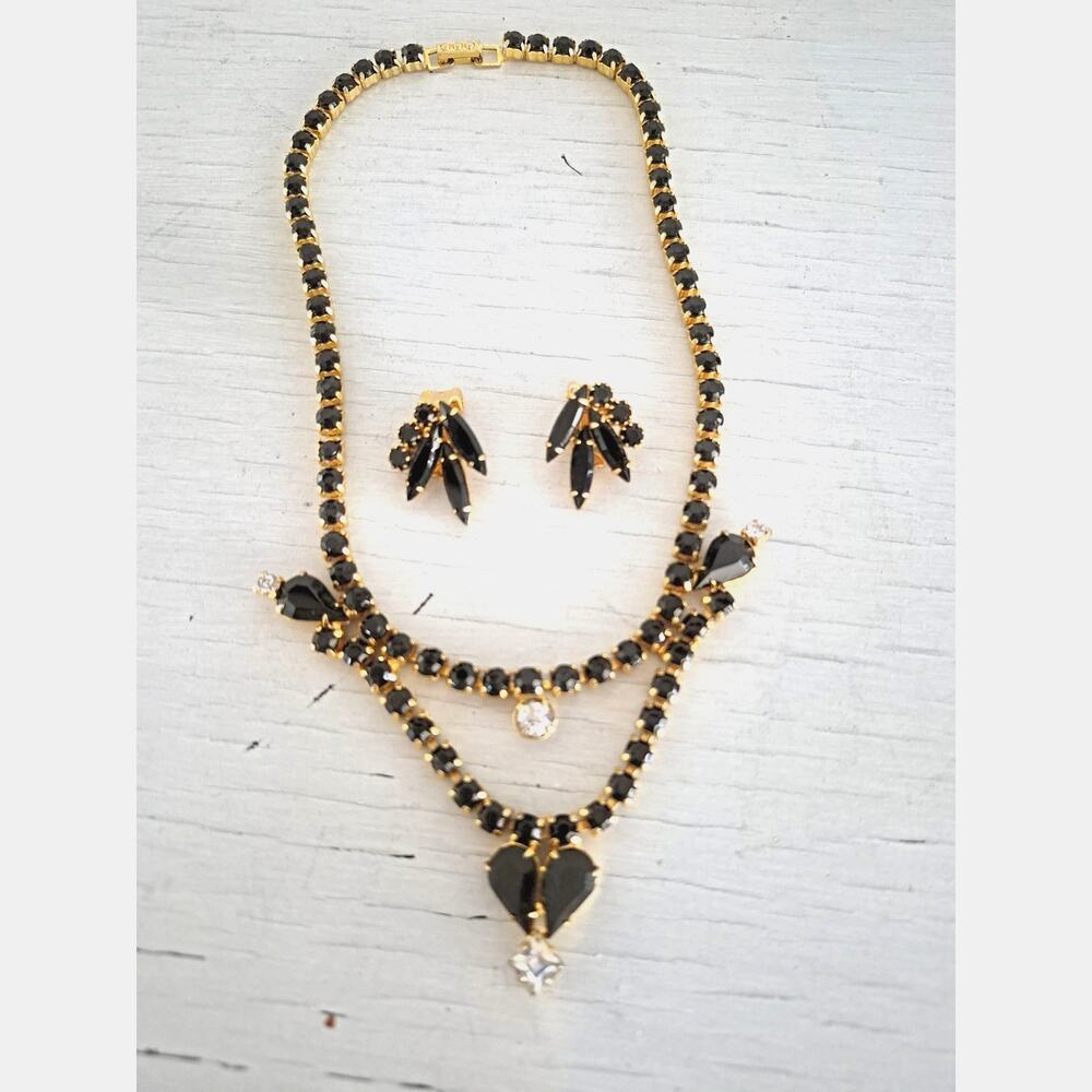 Vintage Black Rhinestone Goldtone Choker Necklace and Earring Set